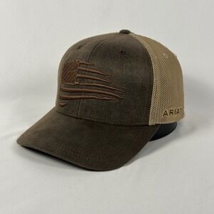 ARIAT American Flag Trucker Hat Mens OSFA Brown Mesh Snapback Cap Flexfit 110